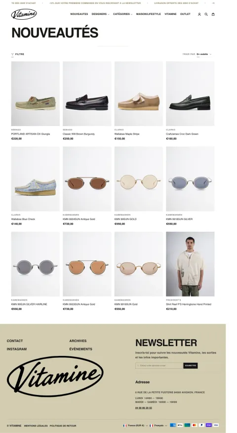 Catalogue de la boutique en ligne de la marque, avec ses produits et ses prix.